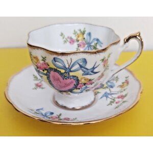 My Valentine Teacup and Saucer with Heart, Blue Bows, and Blue Birds Queen Anne